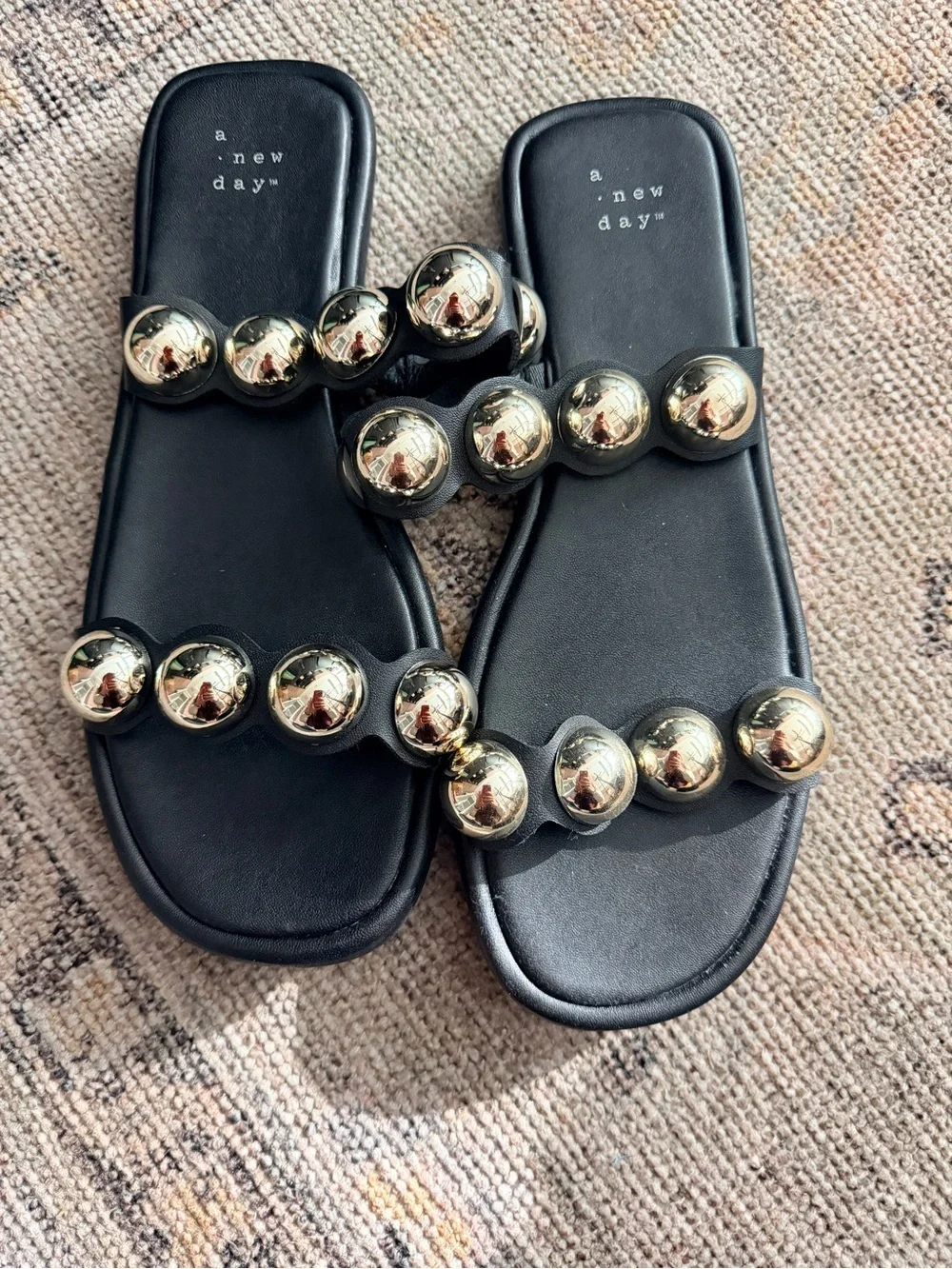 a new day Black Slide Sandals with Gold Sphere Studs